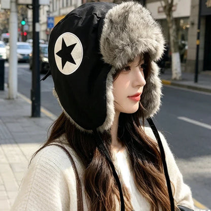 Y2K Star Patch Wool Like Lined Lei Feng Hat Unisex Black Autumn Winter Warm Ear Protection Trapper Hat for Outdoor Activities