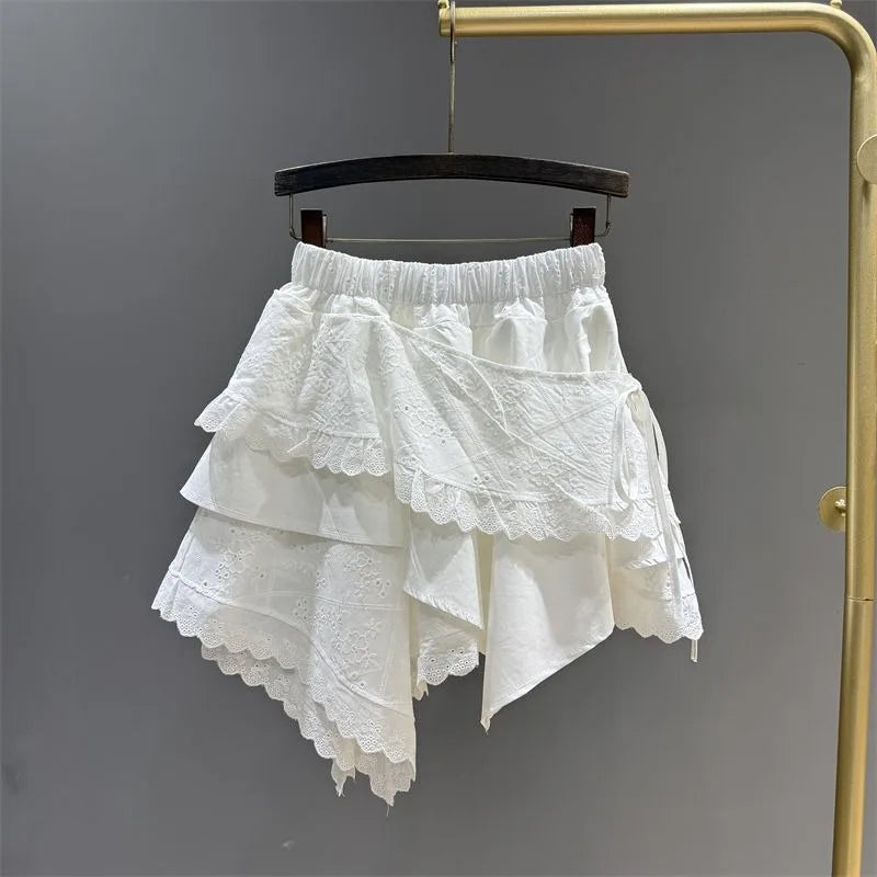 Summer 2025 White Asymmetrical Lace Skirt Women Casual Sweet High Waist A-Line Mini Skirt Elegant Fashion Floral Cake Skirt New