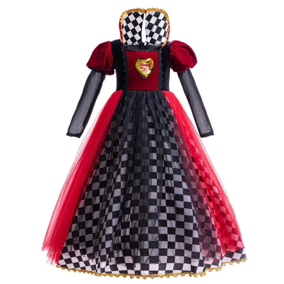 Girls Halloween Party Cosplay Red Queen Gown Clothes Kids Witch Long Sleeves Carnival Outfits Children Masquerade Fancy Costumes
