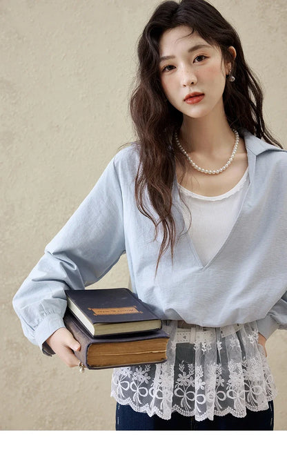 French Spring Shirts Women 2025 Long Sleeve Turn-down Collar Fake Two-piece Blouses Female Splicing Lace Tops MXE16C0783
