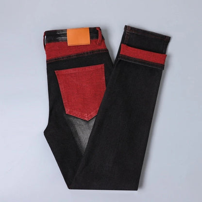 Men's Elastic Patch Style Jeans Black Red Design Slimming Men's Clothing Cozy Denim Pants Personalized Hip Hop Trend Trousers