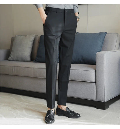 Autumn Mens Fashion Embroidered Trousers Korean Business Dress Solid Suit Pant Formal Office Social Slim Fit Casual Suit Pants