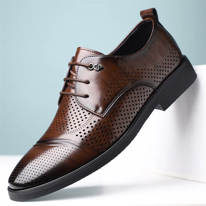 Men's Summer Breathable Leather Shoes Hollow out Fashionable Slip-On Comfortable Anti-Slip Soft Bottom Derby Shoes-SJ2501-1