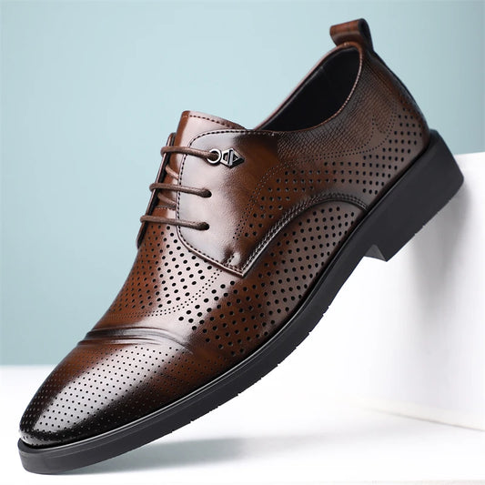 Men's Summer Breathable Leather Shoes Hollow out Fashionable Slip-On Comfortable Anti-Slip Soft Bottom Derby Shoes-SJ2501-1