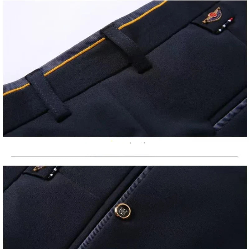 High Stretch Men's Dress Pants High Waist Elastic Formal Suit Pants Office Business Classic Casual Trousers Slim Fit Black Blue