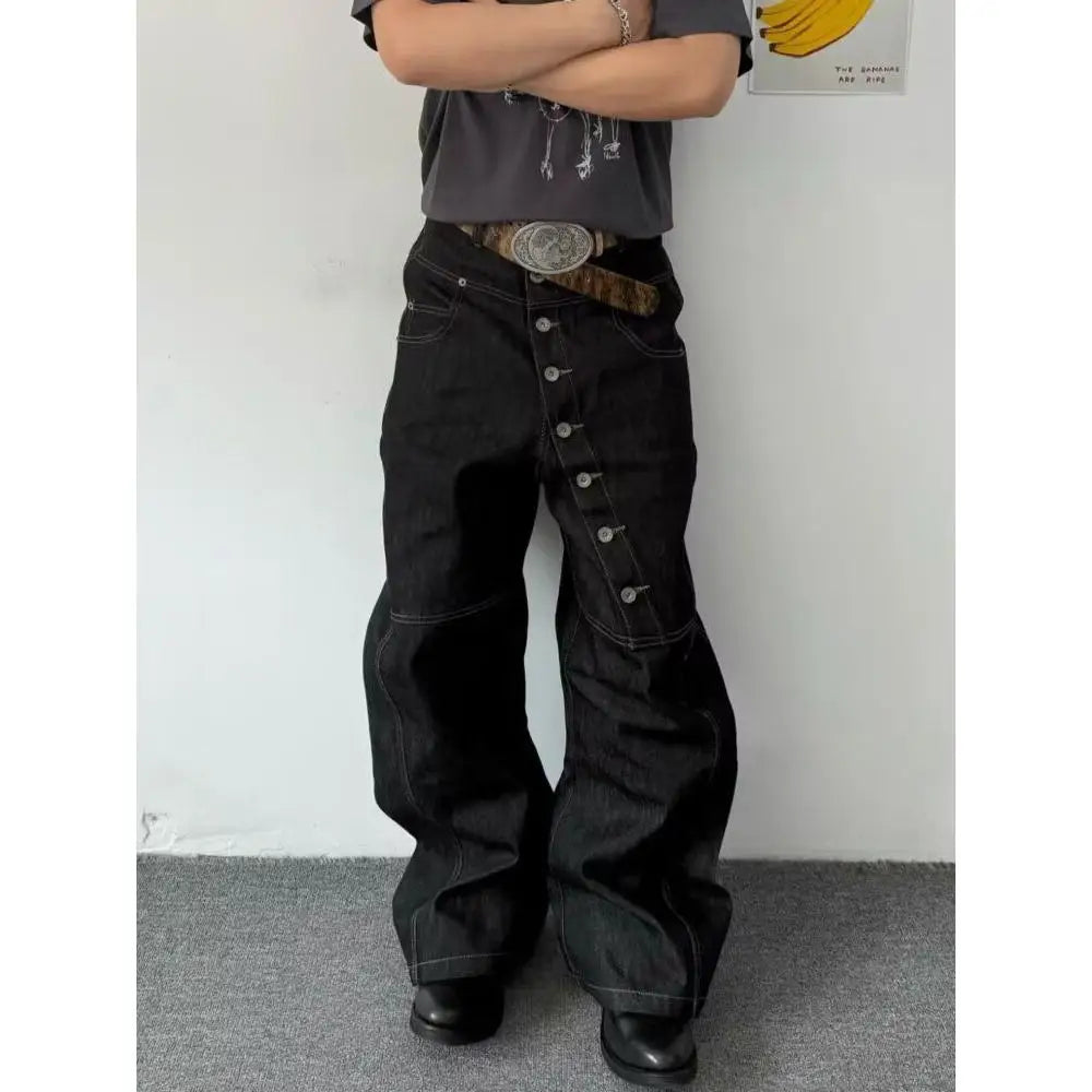 American Retro Long Row Button Design Men's Jeans High Street Loose Wide Leg Floor-Length Trousers Trendy Casual Jeans
