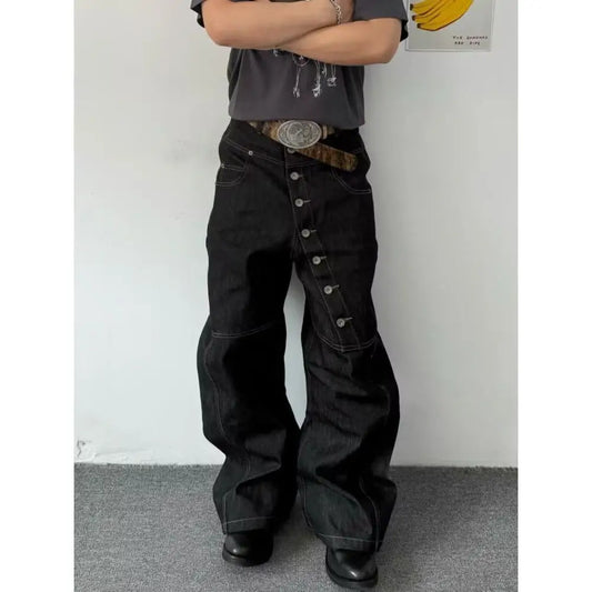 American Retro Long Row Button Design Men's Jeans High Street Loose Wide Leg Floor-Length Trousers Trendy Casual Jeans
