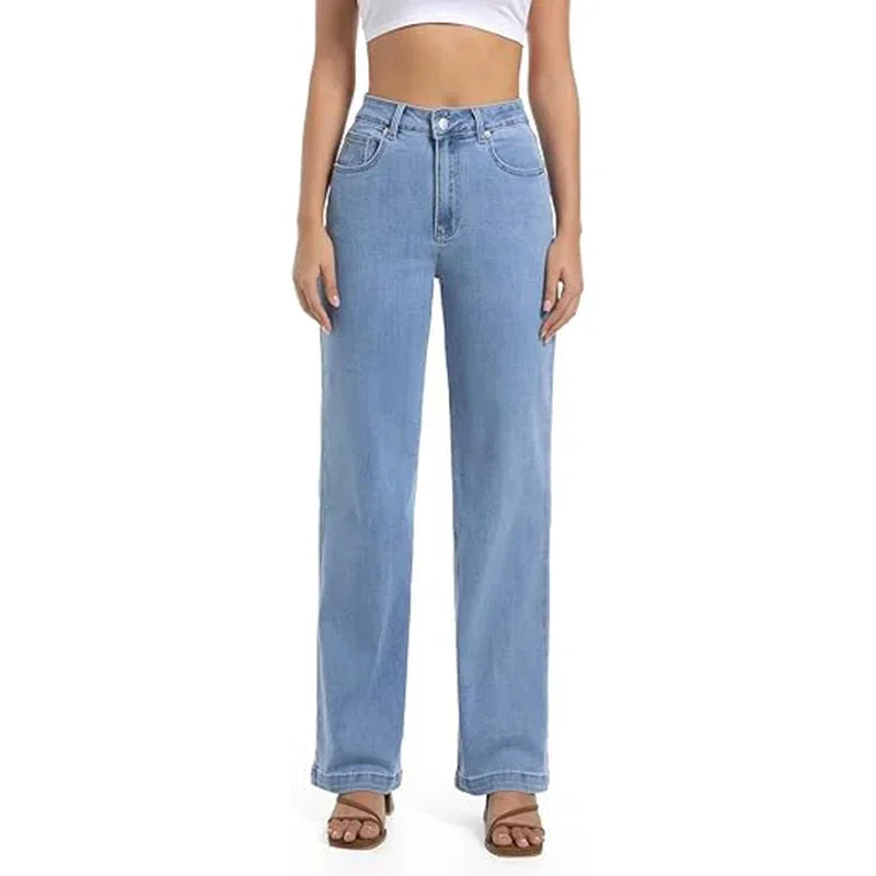 Girls Casual Loose Fit High Waisted Jeans Female Straight Leg Stretch Denim Pants Lady Comfortable Solid Basic Cheap Trousers
