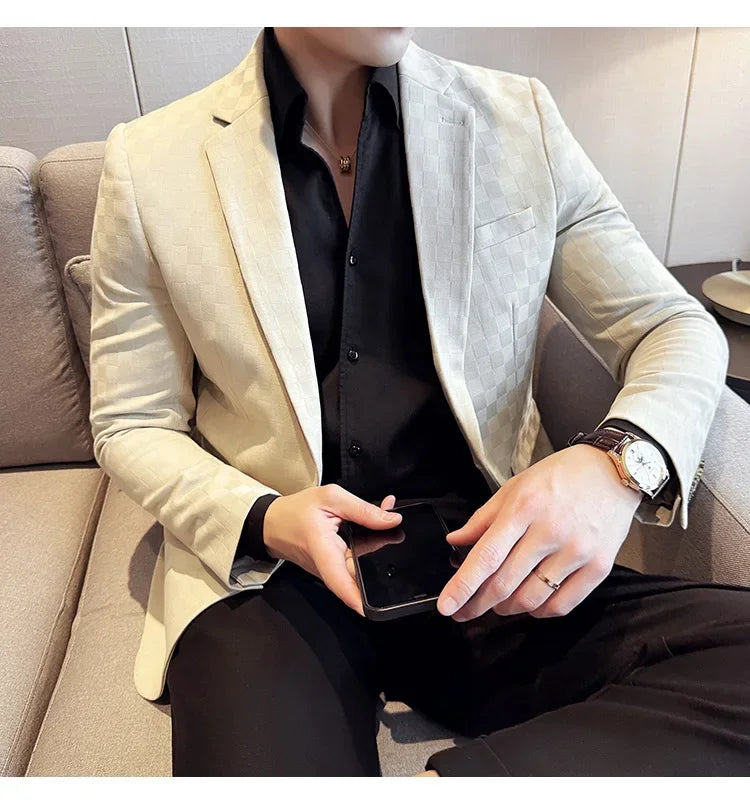 2025 Spring Plaid Blazers Coats 6 Color Fashion Luxury Business Slim Fit Social Suit Jacket Formal Wedding Prom Tuxedo 5XL-M