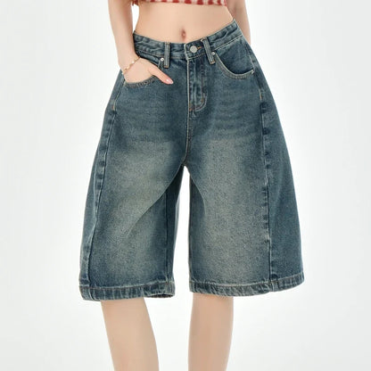 Loose Wide Leg Denim Knee Length Pants Women American Vintage Slimming Shorts