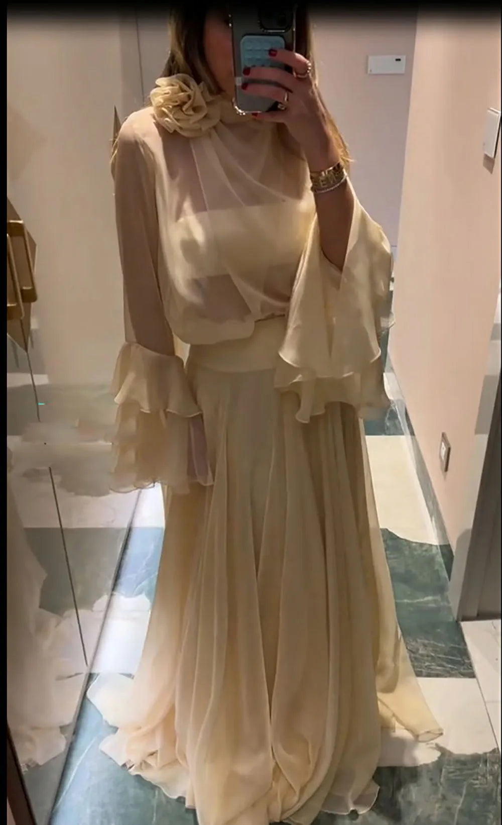 Dubai Evening Dresses Customizd 2 Piece Elegant Party Dress Chiffon Luxury Evening Dresses Long Sleeve Women Night Gown