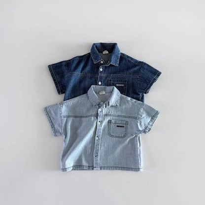 TZ2638 Korean Style Baby Boys Girls Short Sleeve Denim Shirt Shorts Set Summer Fashionable Cute Two-Piece Outfit for Toddlers