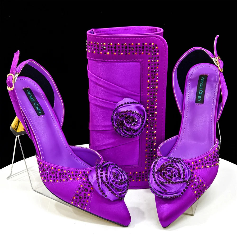 Elegant Rhinestone-Embellished Brown Heeled Shoes and Handbag Set for Women with Floral Decoration – Perfect Small Size Fashion