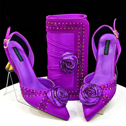 Elegant Rhinestone-Embellished Brown Heeled Shoes and Handbag Set for Women with Floral Decoration – Perfect Small Size Fashion