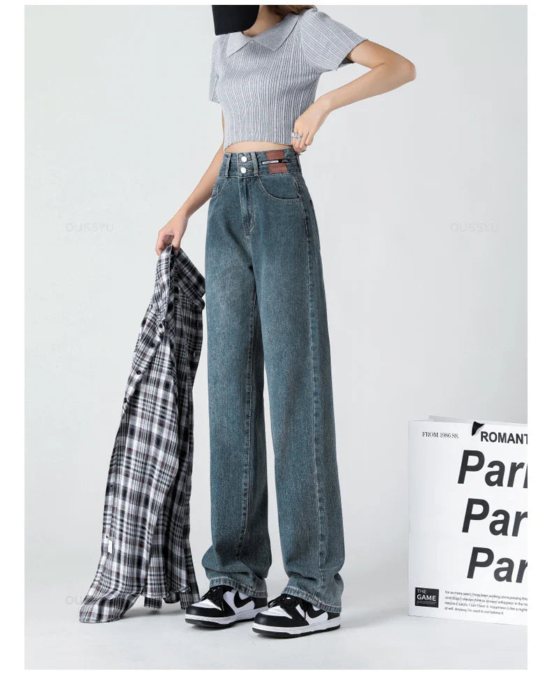 Y2K Woman Jeans High Waist Wide Leg Cotton Denim Clothing Blue White Streetwear Vintage Fashion Harajuku Straight Pants