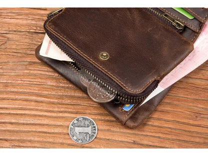 Handmade crazy horse leather wallet retro vertical zipper wallet first layer cowhide simple old wallet man