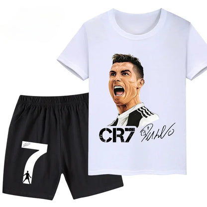 2026 Ronaldo Football Player CR7 Printed Children Clothing Casual T-shirt+Shorts 2pcs Sets Summer Kids Boys Fashion Sportsuits.