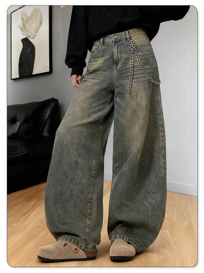 American Retro Baggy Wide Leg Jeans Men's Streetwear Distressed Y2K Clothing Casual Daily Four Seasons Denim Pants Unisex