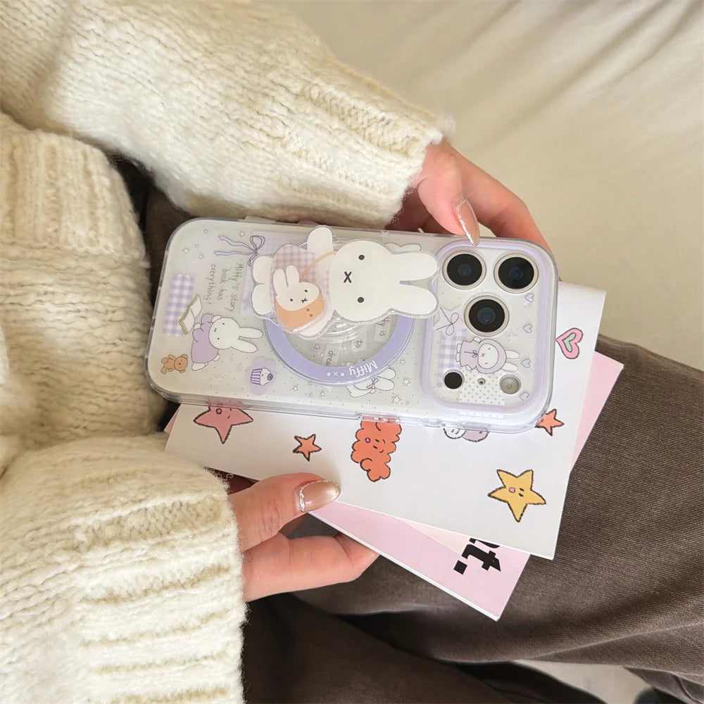 Korean INS Star Bow Rabbit With Magsafe Stand Phone Case for iPhone 17 Pro 13 14 15 16 Pro Max Cover Rotate Holder Cute Cases