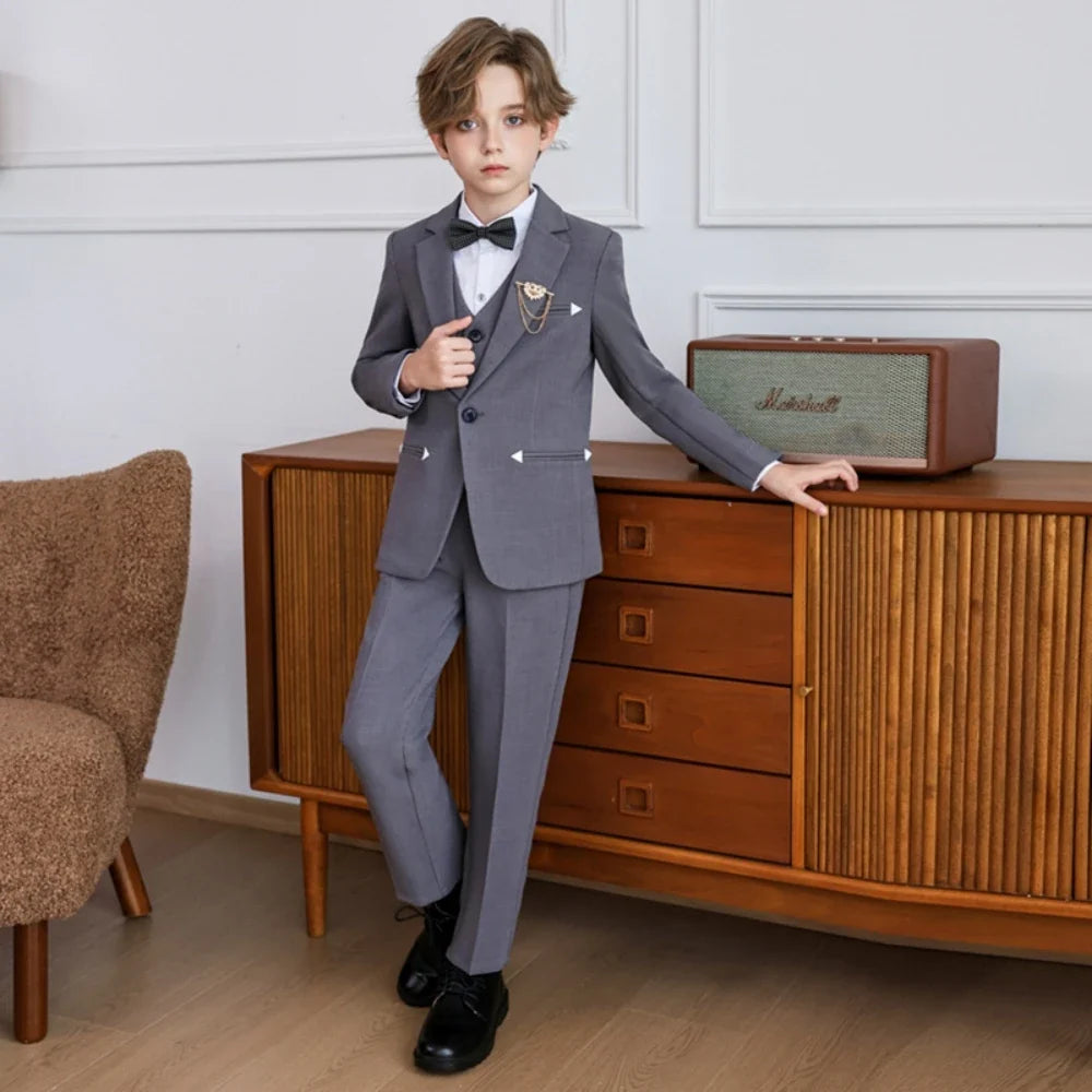 Boys Slim Fit Suit Set 5 Pieces Wedding Ring Bearer Outfit,Notched Lapel Kids Suits Piano Performance Outfit Plus Size 90-170cm