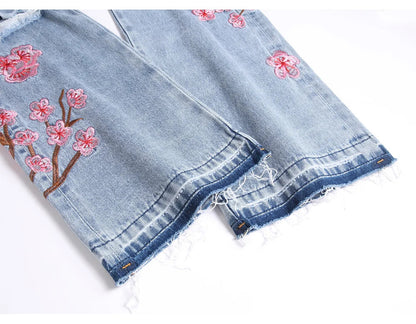 Men Sakura Embroidery Denim Jeans Streetwear Boot Cut Pants Released Hem Flared Trousers with Ripped And Cherry Blossom Design