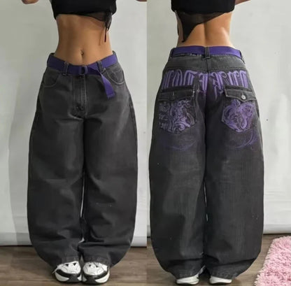 American New Fashion Oversized Pattern Printed Washed Jeans Men Y2K Gothic Rock Popular Casual Joker High Waist Wide Leg Pants