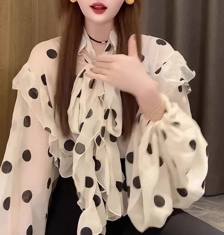 Women Butterfly Bow Lace-up Vintage Lantern Long Sleeve Top Slim Fashion Polka Dot Mesh Chiffon Blouse Hotsweet Spring Clothing