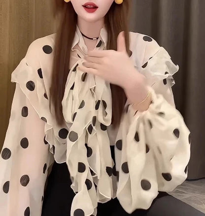 Women Butterfly Bow Lace-up Vintage Lantern Long Sleeve Top Slim Fashion Polka Dot Mesh Chiffon Blouse Hotsweet Spring Clothing