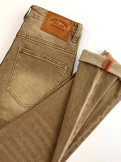 Elegant Slim Fit Men's Jeans Casual Khaki Straight Leg Elastic Fashionable City Style Summer Denim Pants Youth Wear
