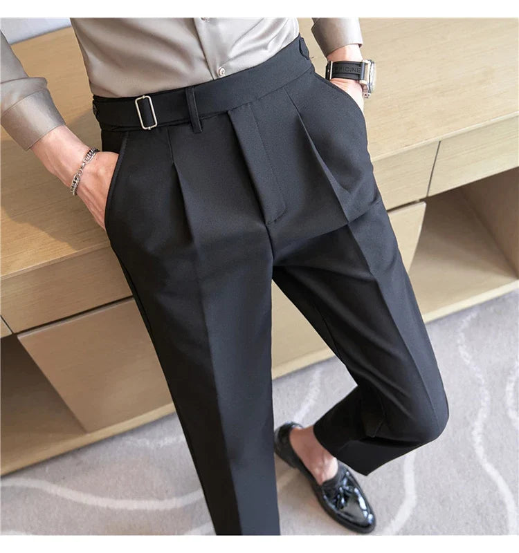 2026 Texture Naples Men's Solid Color Casual Pants Fashion Belt Design Slim Fit Suit Pants Formal Wear Wedding Social Trousers