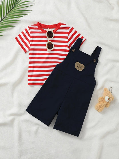 2pcs Baby Boy Clothing Set Red Stripes Short Sleeve T-Shirt with Bear Embroidery And Overalls Casual Comfortable Cute Outfit