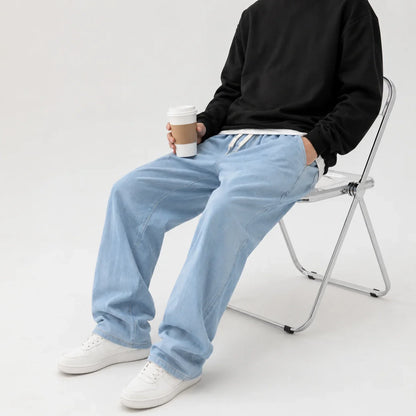 Spring and Autumn New American Drawstring Jeans for Men, Loose and Versatile Casual Pants, Trendy Washed Men's Pants