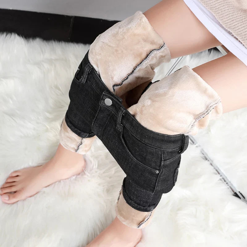 2023 Fashion Women Stretch High Waist Pencil Pants Casual Female Velvet Jeans High Quality Fleece Mom Jeans Thick Plush Pants