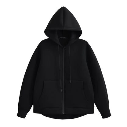 2026 Casual Women's Soild Zipper Hoodie Long Sleeve Big Pocket Zipper Jacket With Hood Female Loose Outerwear Coat Tops