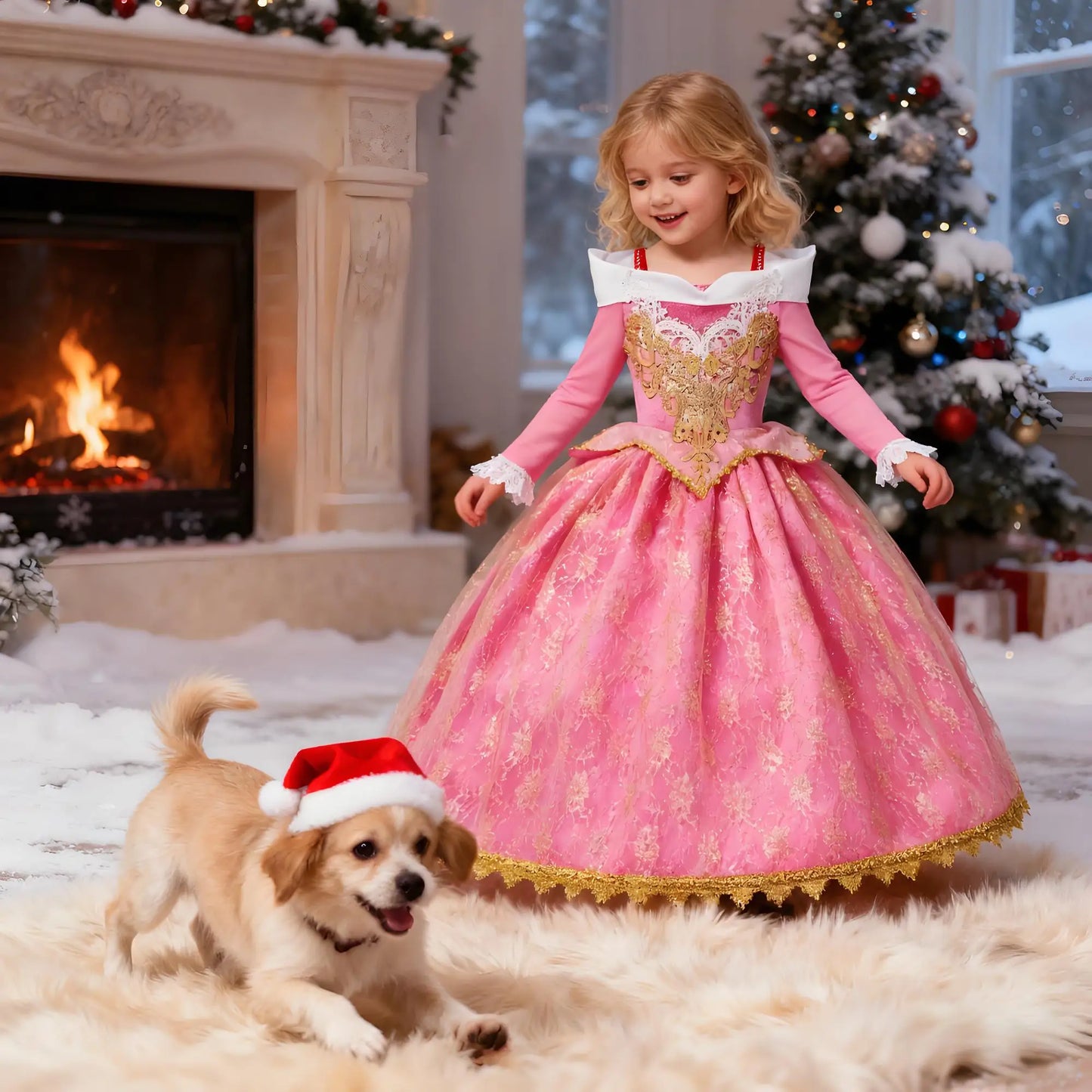 Girls Princess Dress Sleeping Beauty Aurora Cosplay Costume 2025 Kids Carnival Birthday Party Pink  Long Sleeve  Evening Dresses