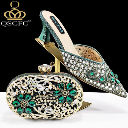 Nigerian Design Comfortable Women's Shoes with Diamond Oval Bag Women's High Heels for Party or Work