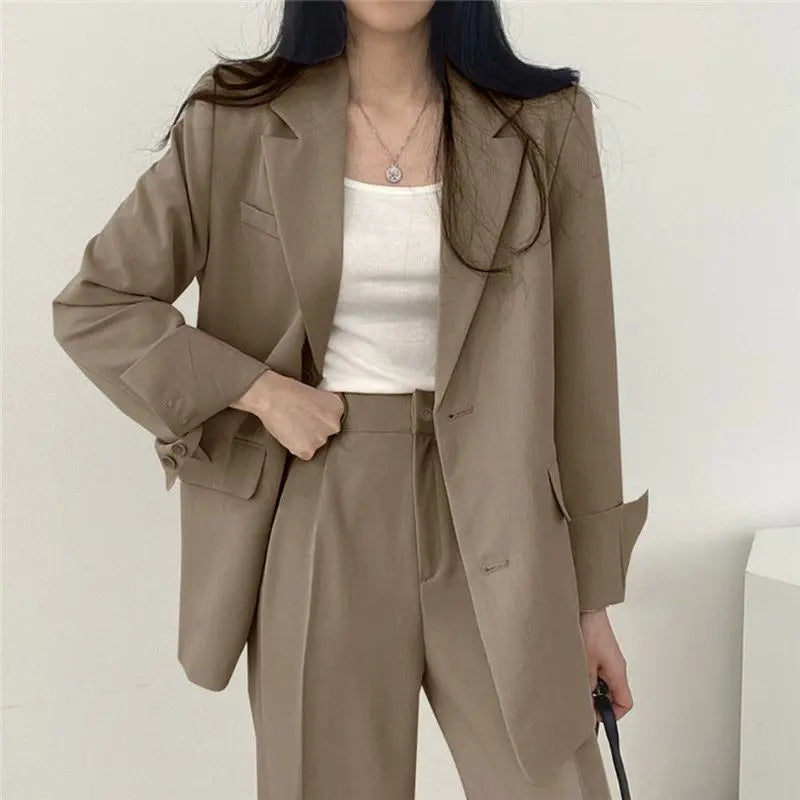 Casual Notch Lapel Suit Set with Button Thick Wide Leg Small Suit Pants High Waist Drape Polyester Business Lady Style Women