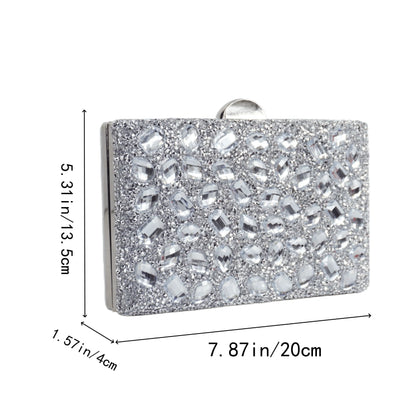 Ladies' high-end sparkling metal box shaped dinner bag, luxurious and fashionable metal strip decoration evening dress bag