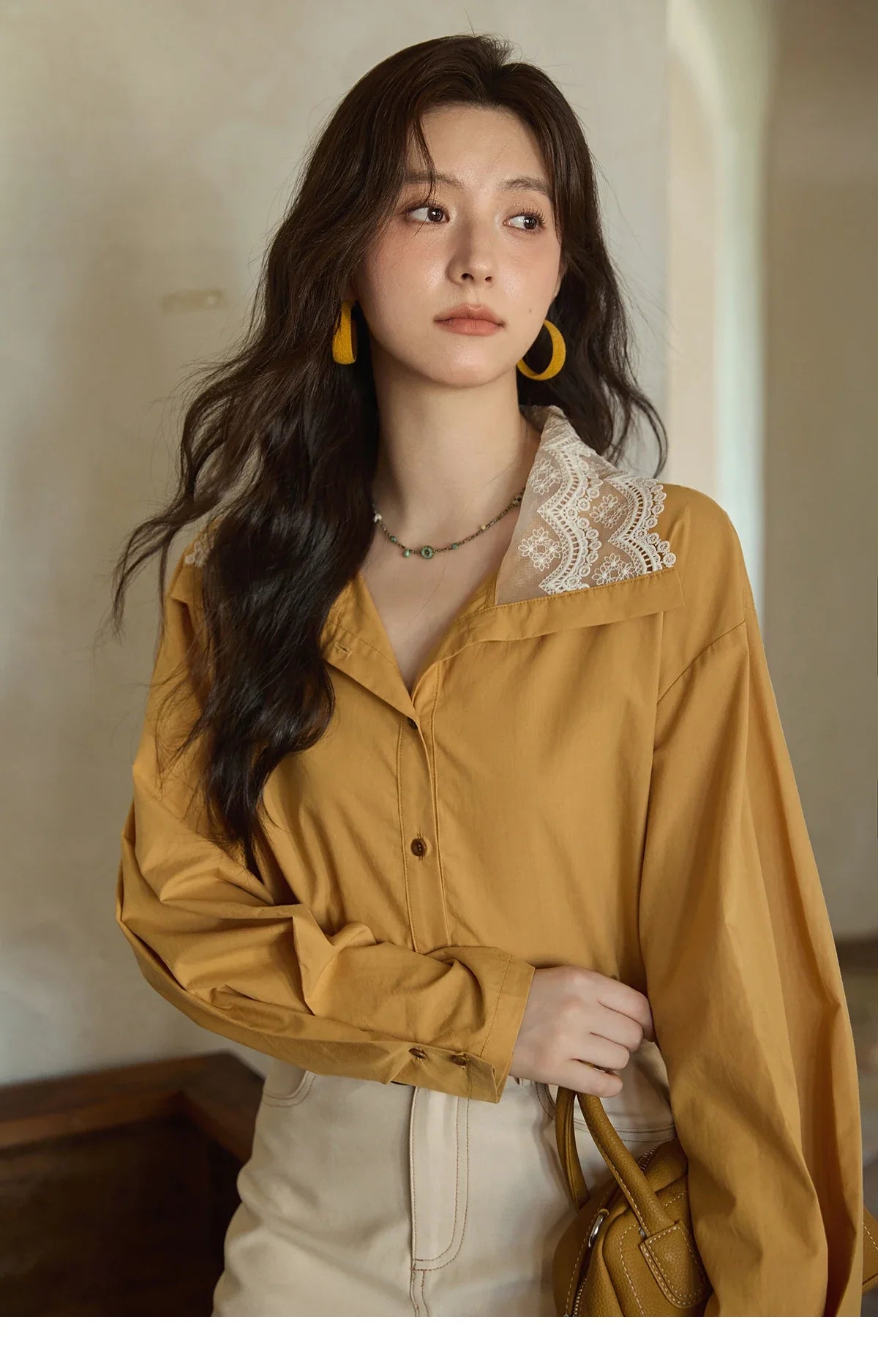 Autumn Solid Cotton Shirt Autumn V-neck Double-layer Lace Retro Design Shirts Single Breasted Tops Office Lady MXE41C2366