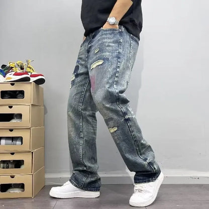 Korean Retro Ripped Jeans Embroidered Slim Fit Men'S Straight Leg Pants Graffiti Jeans Fashion Casual Pants