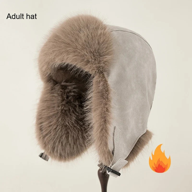 Women Winter Windproof Cold Proof Hat Man Warm Leather Pilot Hats Adult Long Fur Ear Protection Cap
