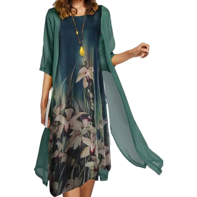 2025 new! Eu-us Summer Women's casual elegance 2 printed crew-neck loose dress sweater coat set