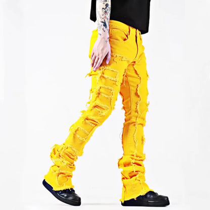 New European and American Heavyweight Streetwise Stretch Patch Jeans for Men, High Street Straight Fit Long Jeans16-3001