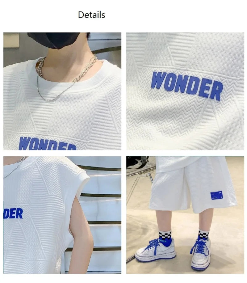 Summer Boys Waffle Alphabet Sleeveless t-Shirt Tops+Short Pants Set School Kids Tracksuit Child 2PCS Outfit Jogger Suit 5-16 Yrs