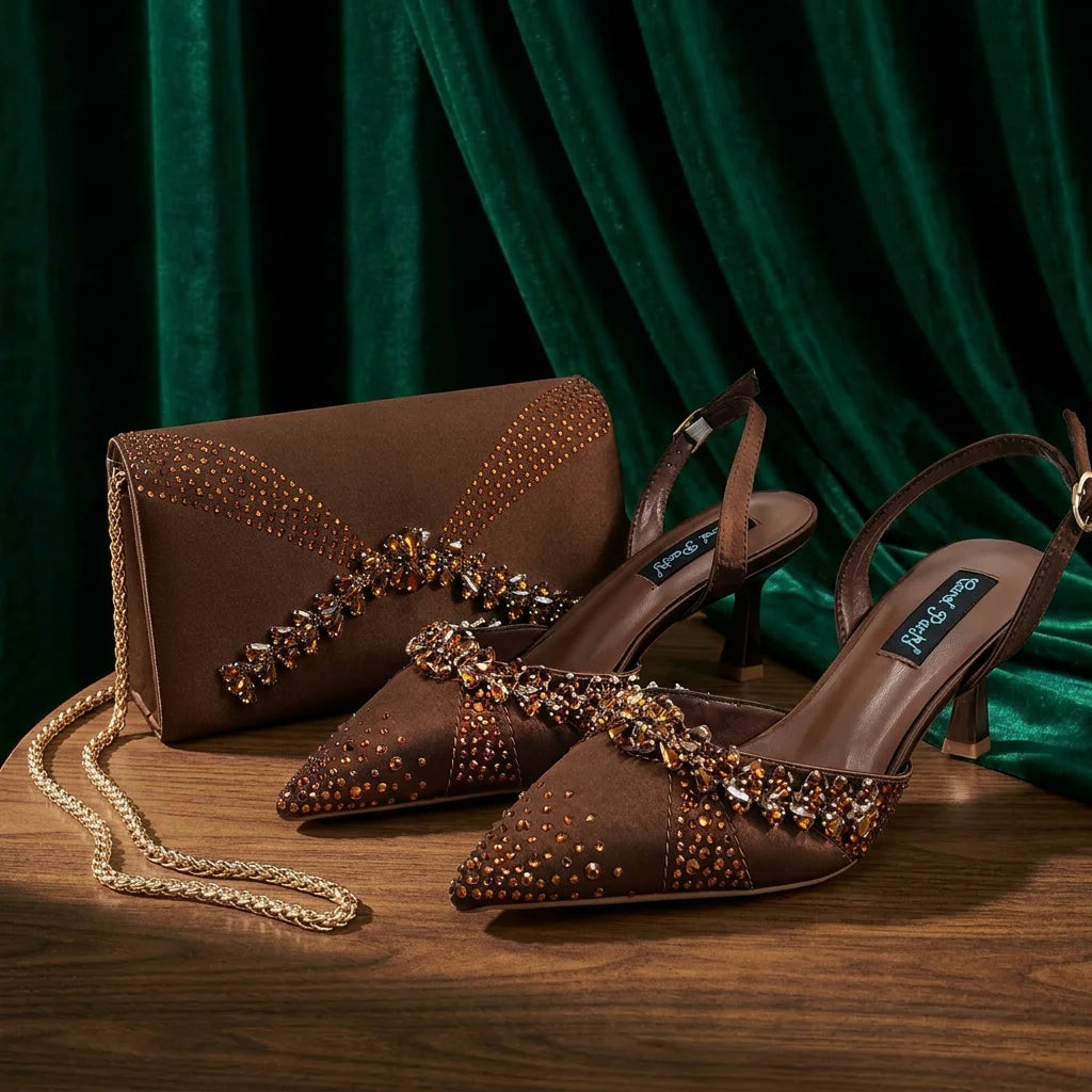 2026 Italian Inspired Gold Rhinestone HAND CRAFTED UPPER Pointed Toe Women High Heels Shoes and Bag Set Elegant Party Shoes