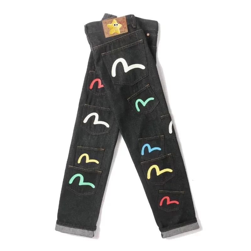 Japanese Handmade Embroidered Jeans Men's Pure Cotton Straight Tube Hip-Hop Popular Slim Red Ears Show Thin Trousers Devil Big M