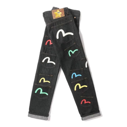 Japanese Handmade Embroidered Jeans Men's Pure Cotton Straight Tube Hip-Hop Popular Slim Red Ears Show Thin Trousers Devil Big M
