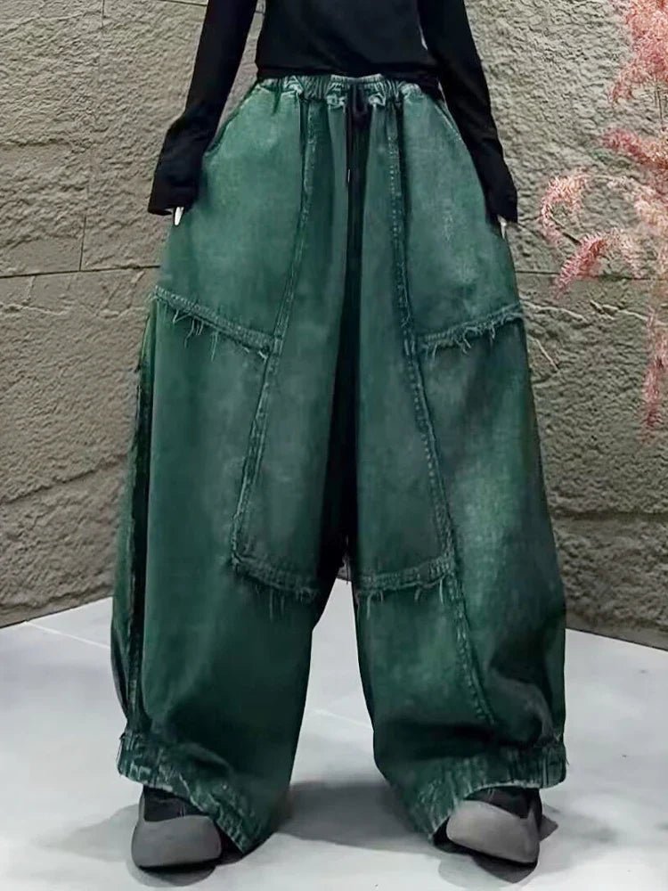 Amax LuluE Korean Winter Fashion Jeans Womens Loose Vintage Design Denim Wide Leg Pants Classic Leisure Elastic Waist Trousers