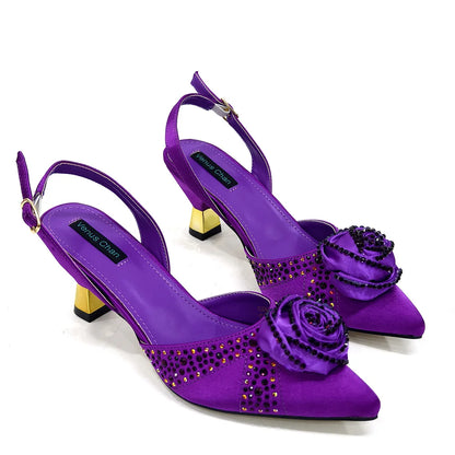 Elegant Rhinestone-Embellished Brown Heeled Shoes and Handbag Set for Women with Floral Decoration – Perfect Small Size Fashion