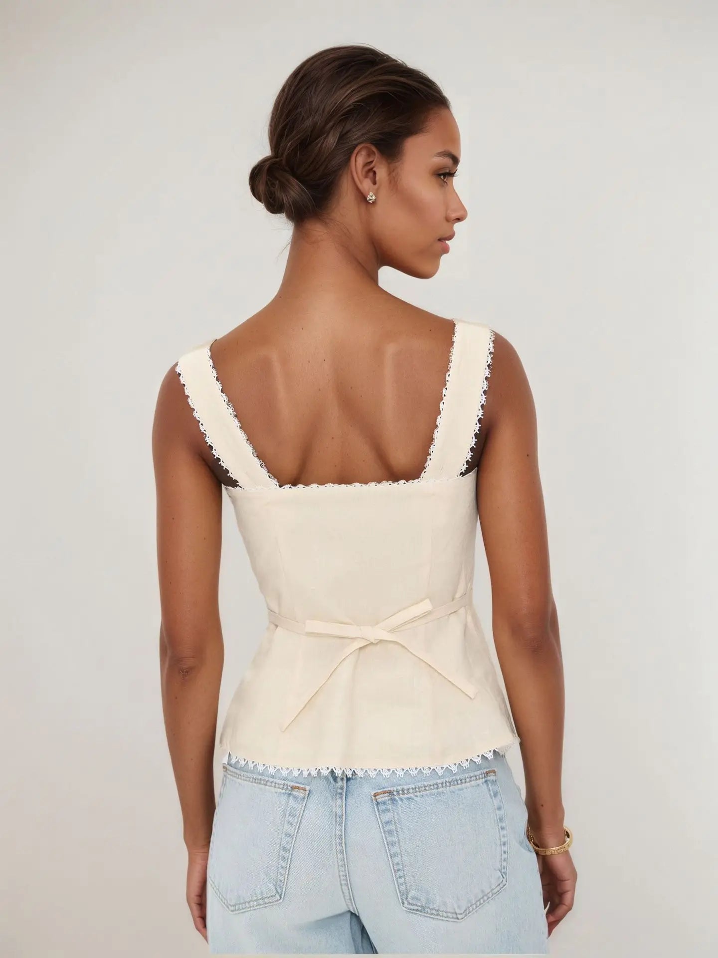 High Quality Hot Sale Wholesale Women's French Cotton Linen Lace Splicing Fashionable Buckle Suspender Solid Sleeveless Vest Top
